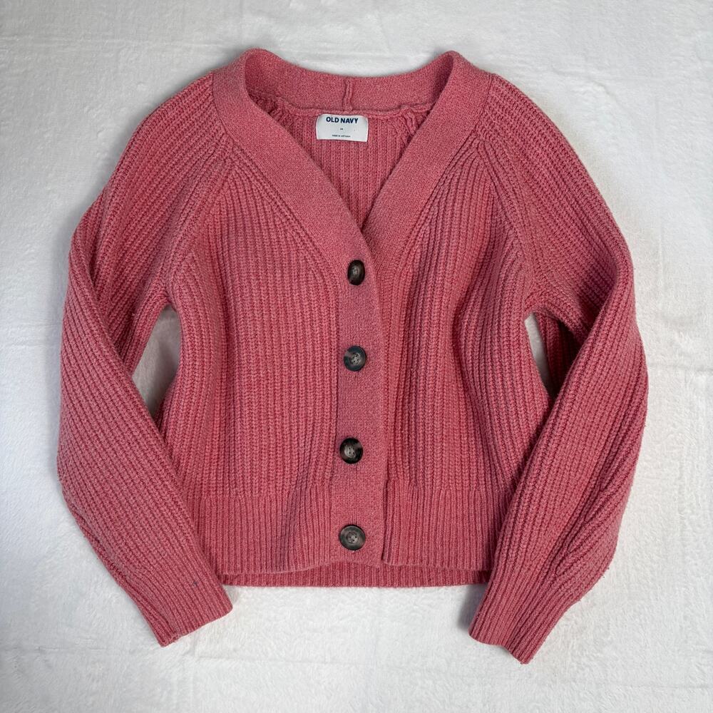 Old Navy Brushed Shaker Stitch Cardigan Sweater Women's M Pink Coquette Cozy EUC